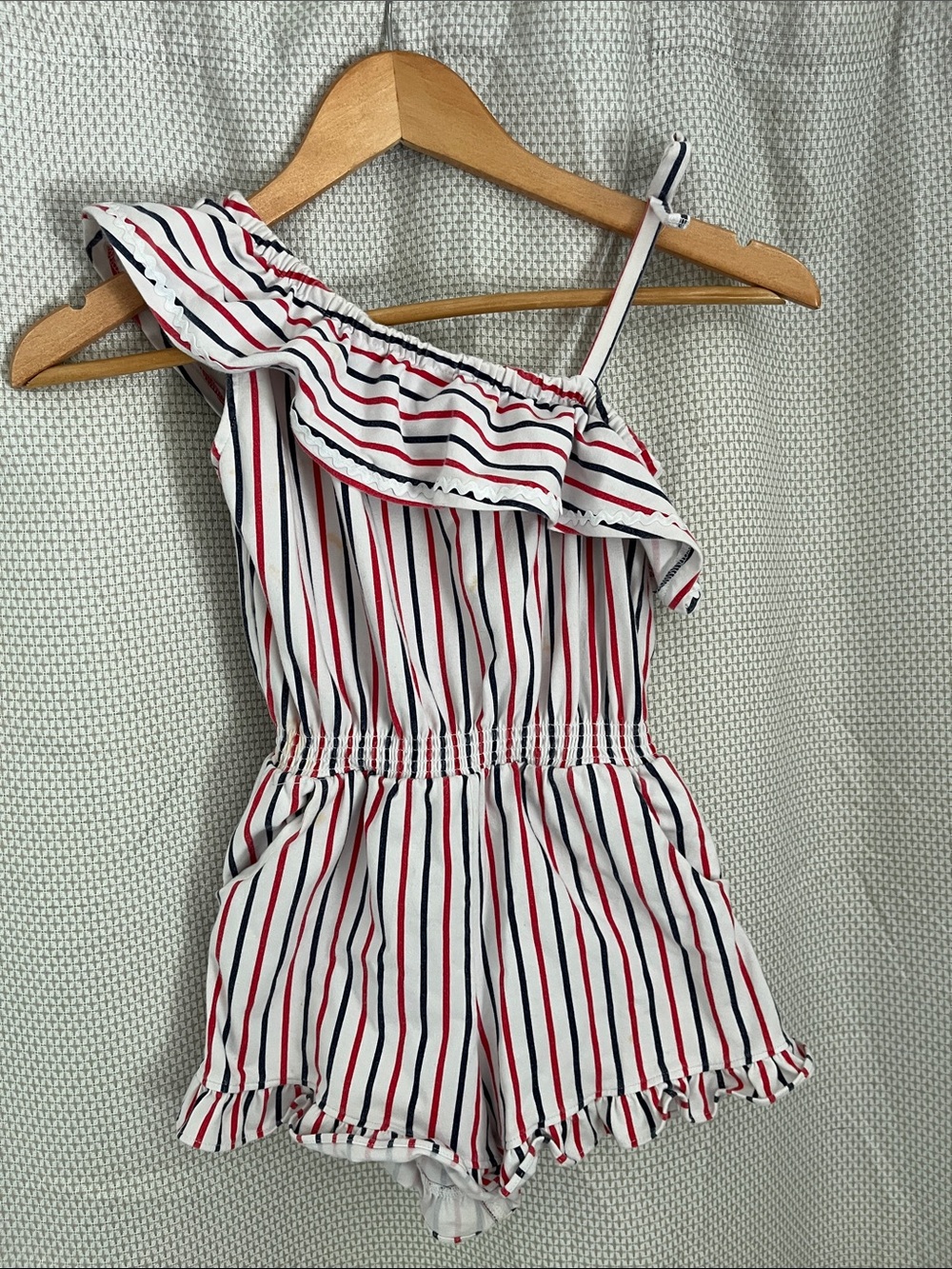 Janie and Jack White One-Shoulder Striped Romper with Red & Navy